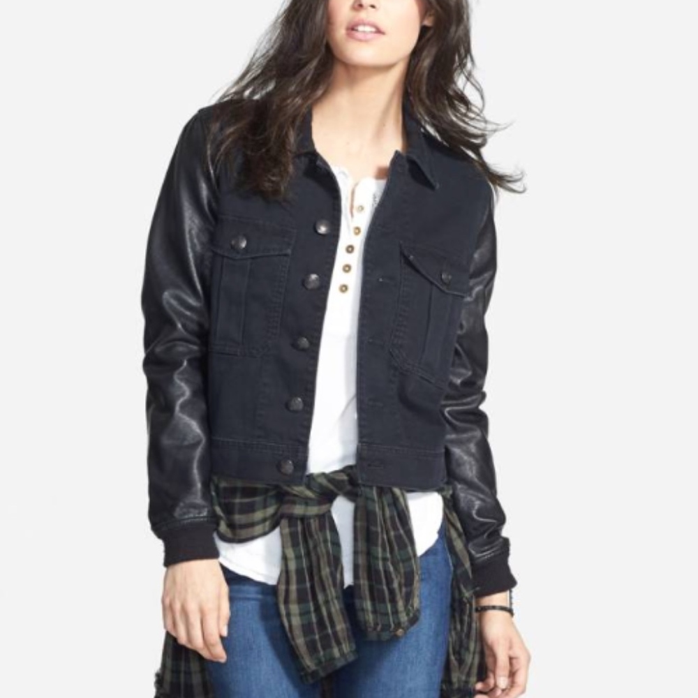 NWT Free People Faux Leather Sleeve Denim Jacket